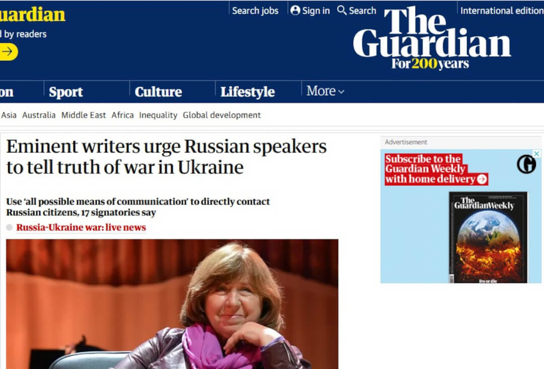 Eminent writers urge Russian speakers to tell truth of war in Ukraine